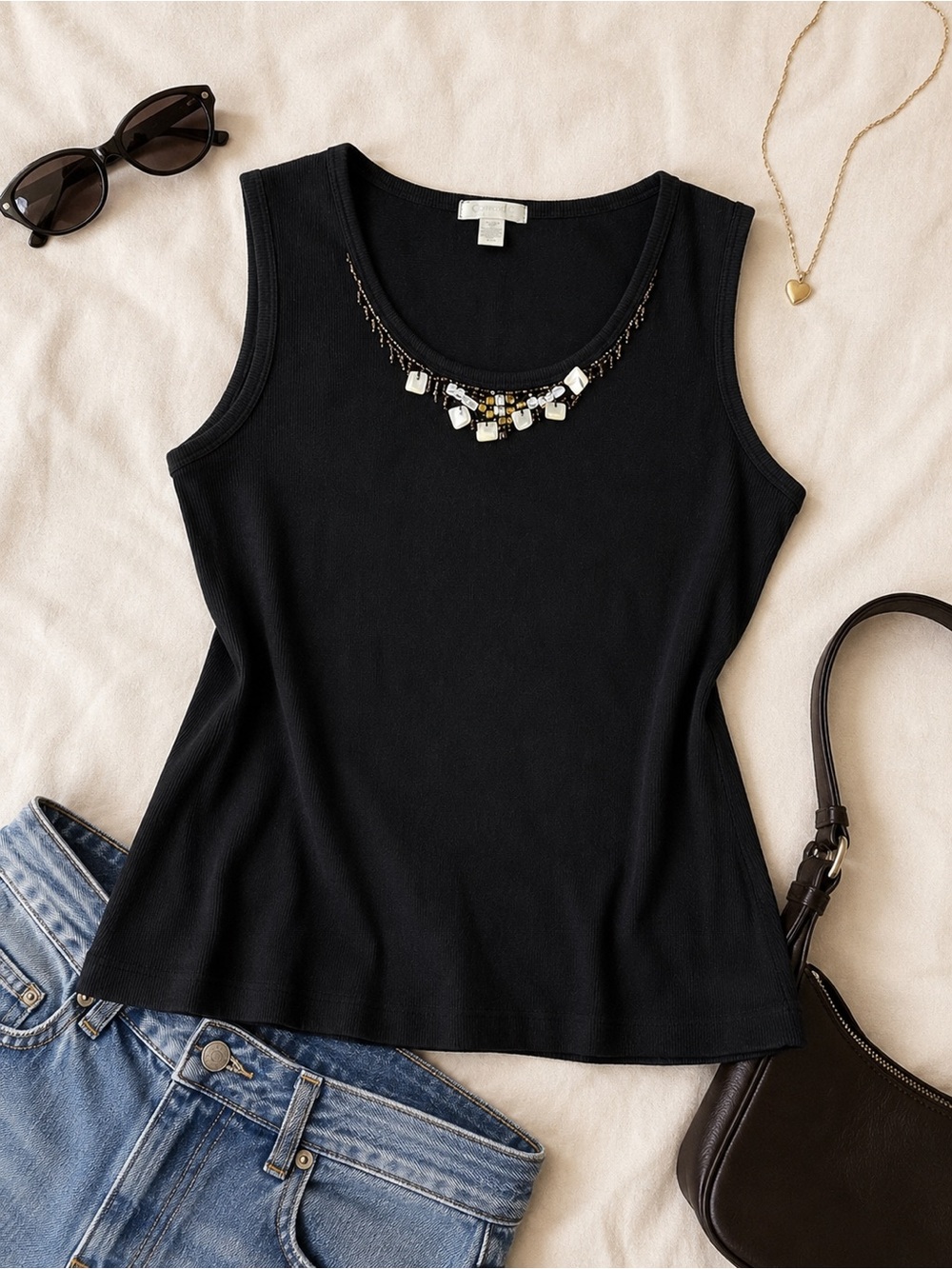 Embellished Black Women's Tank Top with Beaded Neckline Y2K boho cotton ribbed